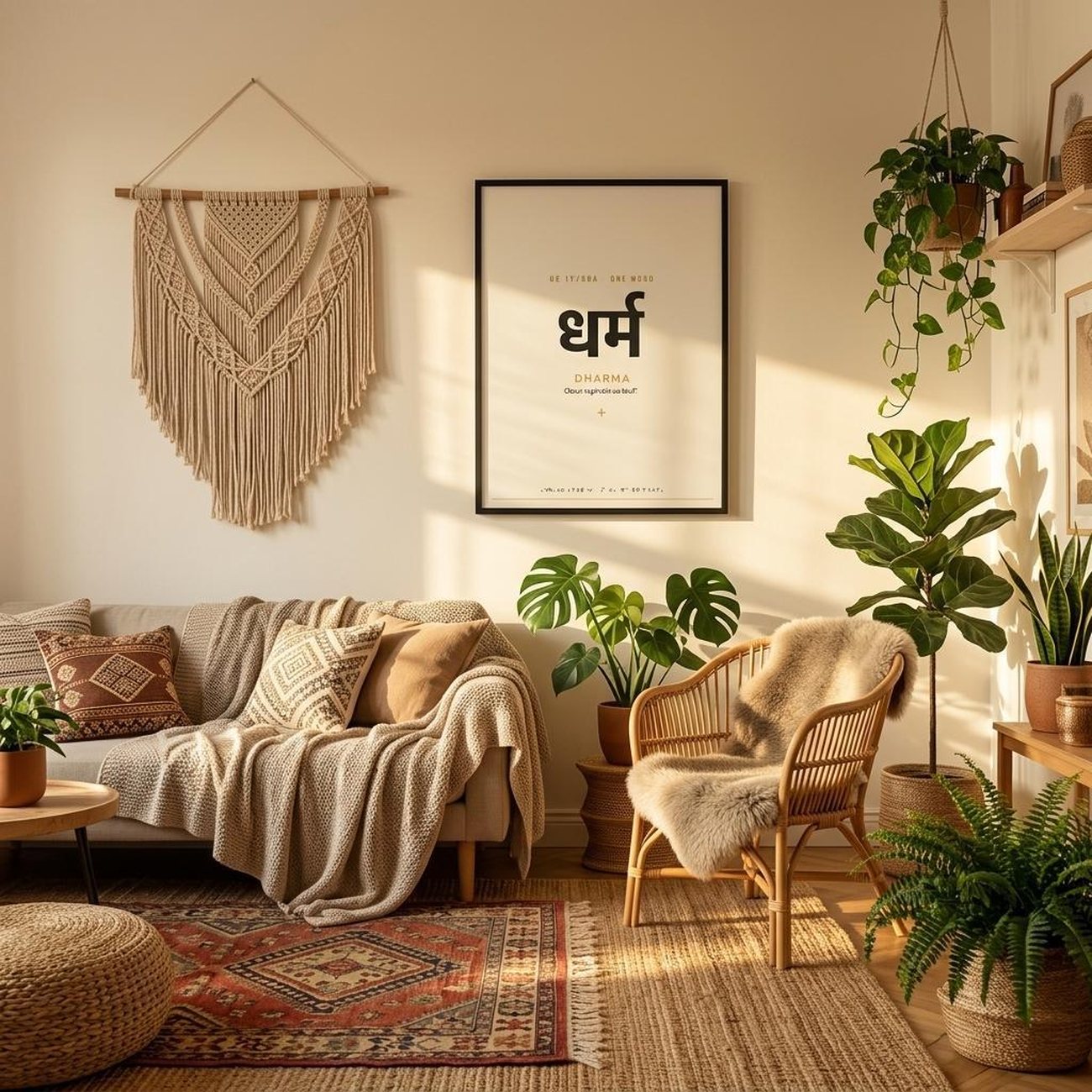 A Jhilke print styled as a gift in a warm living room