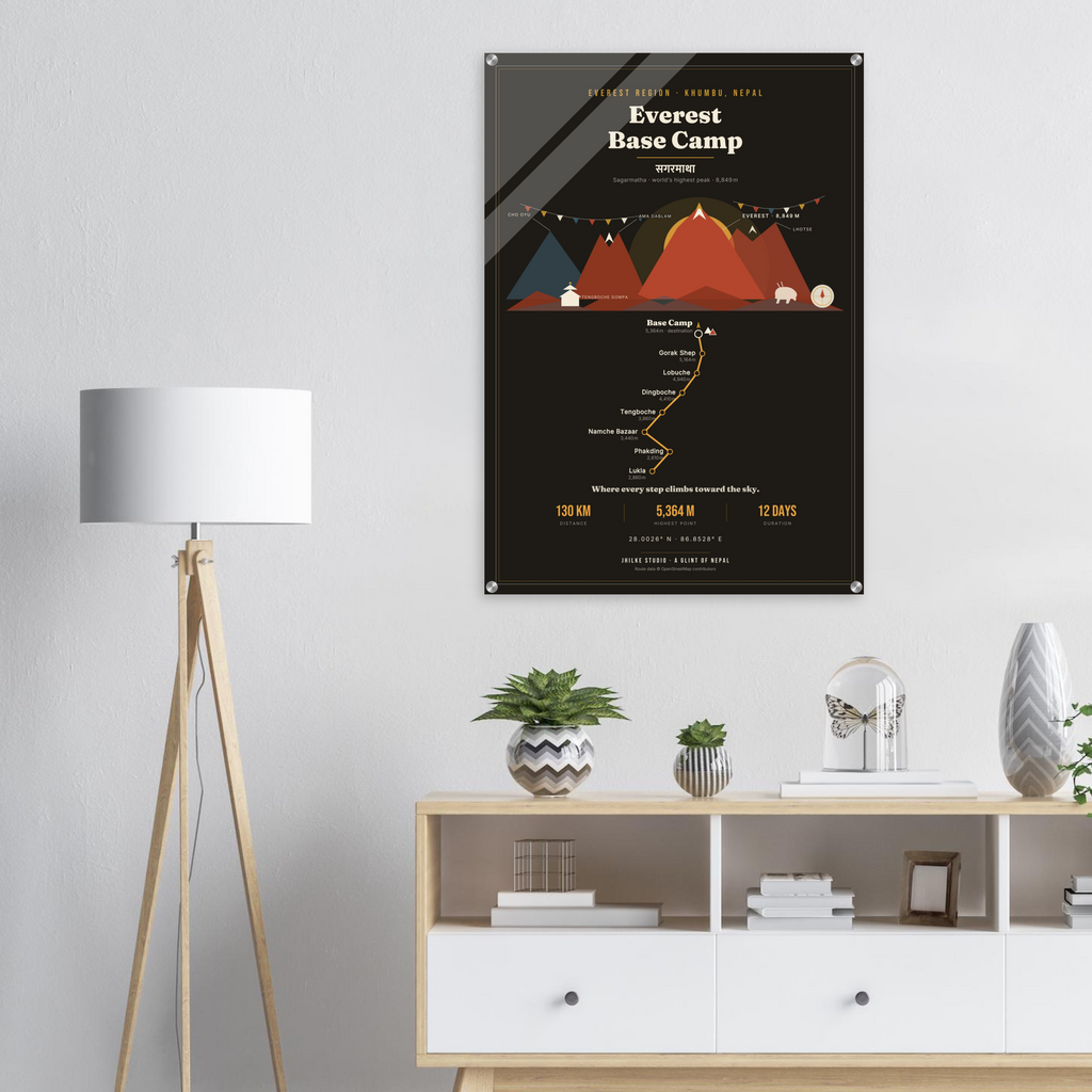 Everest Base Camp trek route map in the dark colourway, shown as an acrylic glass print mounted on a wall. Jhilke Studio.