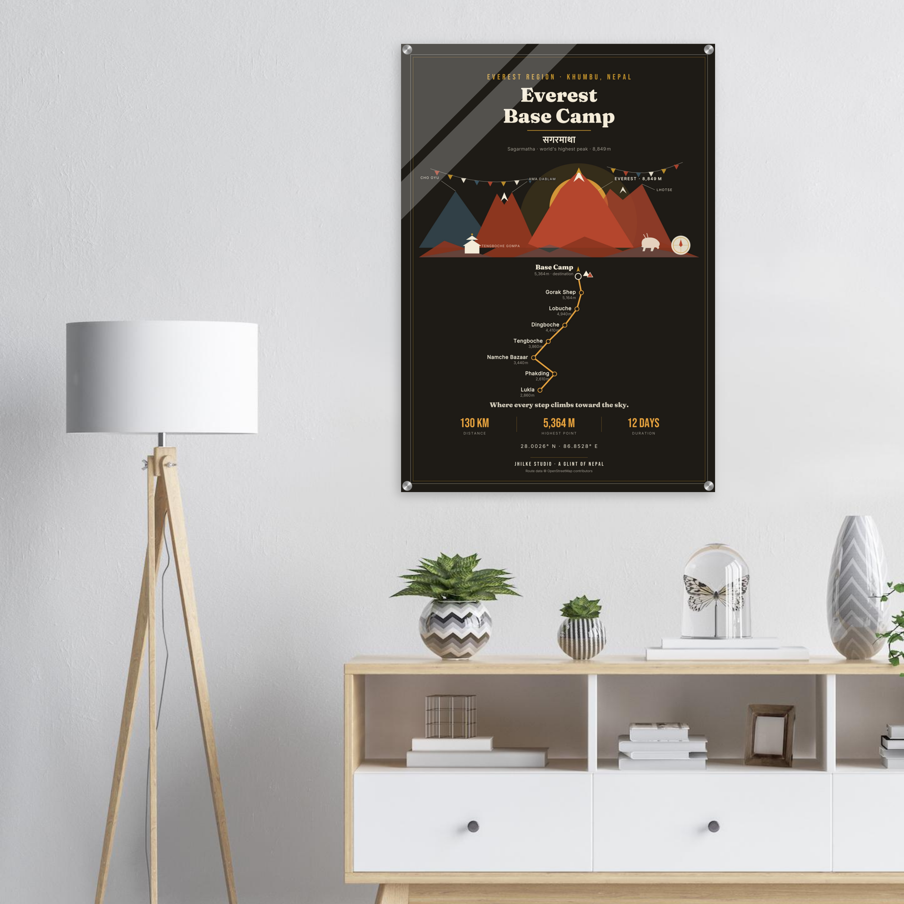Everest Base Camp trek route map in the dark colourway, shown as an acrylic glass print mounted on a wall. Jhilke Studio.