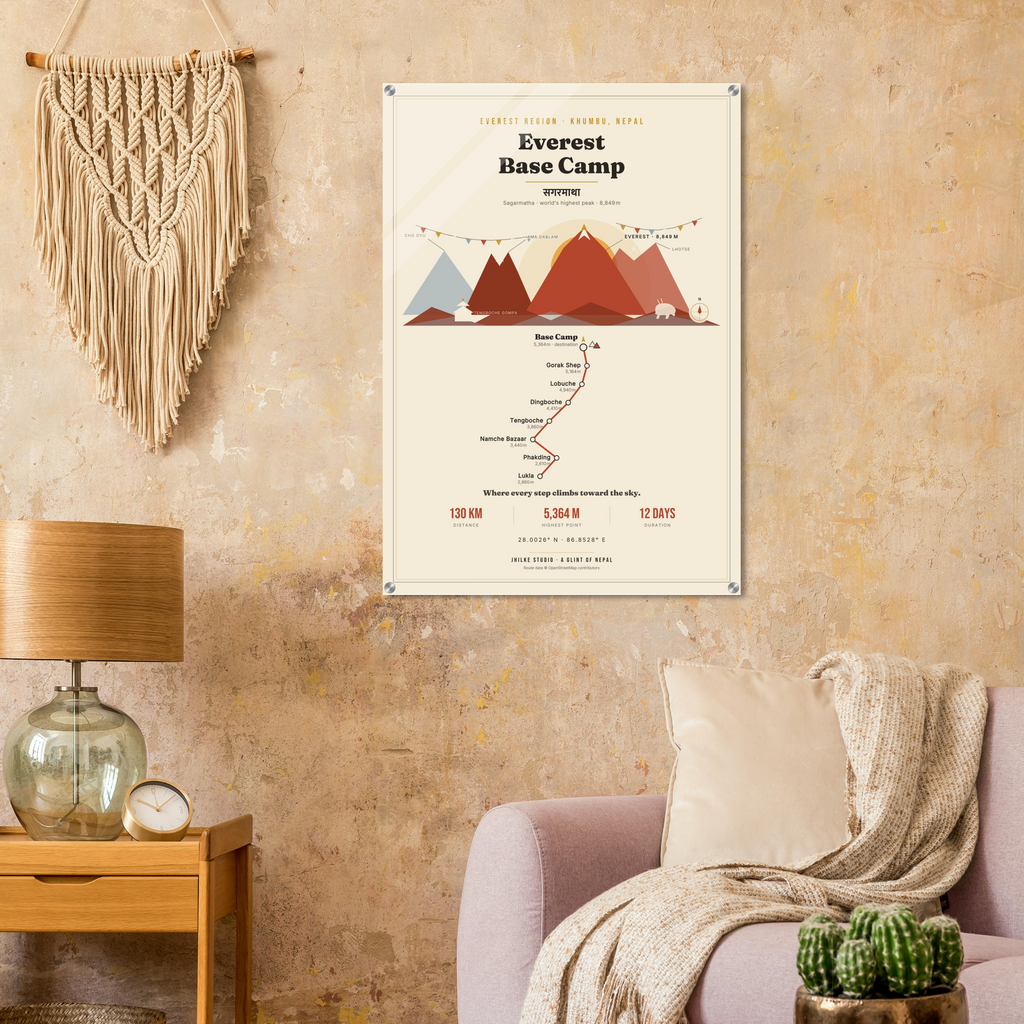 Everest Base Camp trek route map in the light colourway, shown as an acrylic glass print mounted on a wall. Jhilke Studio.