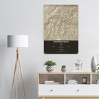 Annapurna Circuit trek route map in the light colourway, shown as an acrylic glass print mounted on a wall. Jhilke Studio.