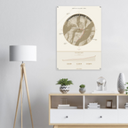 Annapurna Base Camp trek route map in the light colourway, shown as an acrylic glass print mounted on a wall. Jhilke Studio.