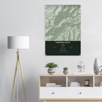 Langtang Valley trek route map in the light colourway, shown as an acrylic glass print mounted on a wall. Jhilke Studio.