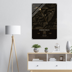 Ghorepani Poon Hill trek route map in the dark colourway, shown as an acrylic glass print mounted on a wall. Jhilke Studio.