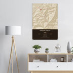 Ghorepani Poon Hill trek route map in the light colourway, shown as an acrylic glass print mounted on a wall. Jhilke Studio.