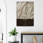 Mardi Himal trek route map in the light colourway, shown as an acrylic glass print mounted on a wall. Jhilke Studio.