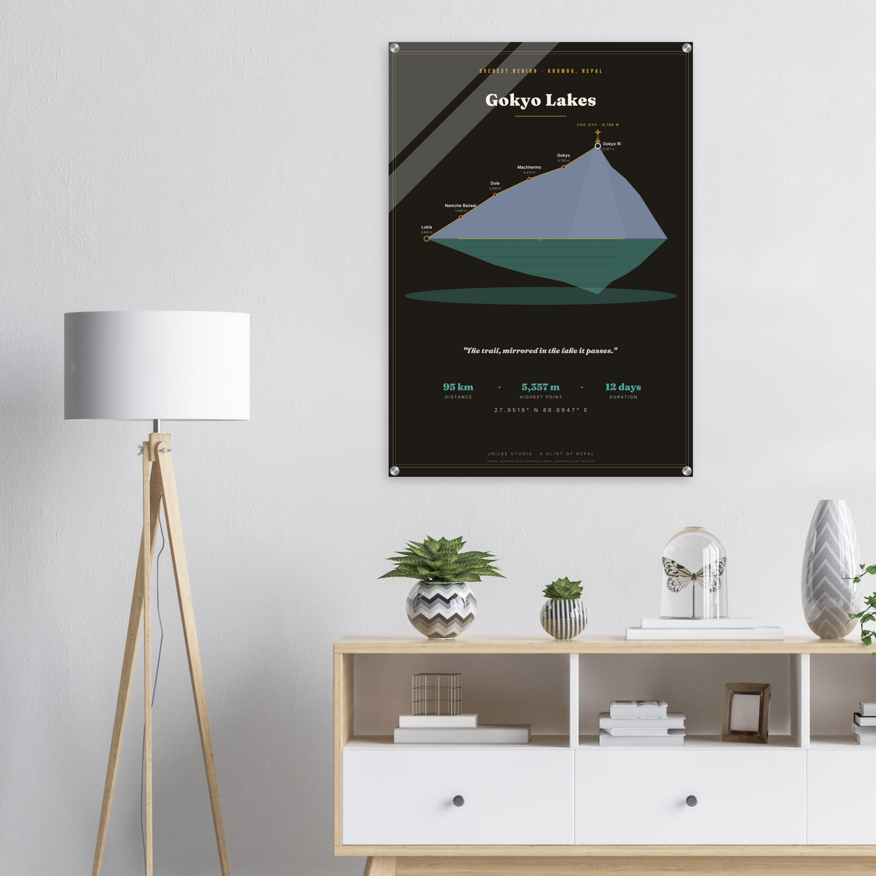 Gokyo Lakes trek route map in the dark colourway, shown as an acrylic glass print mounted on a wall. Jhilke Studio.