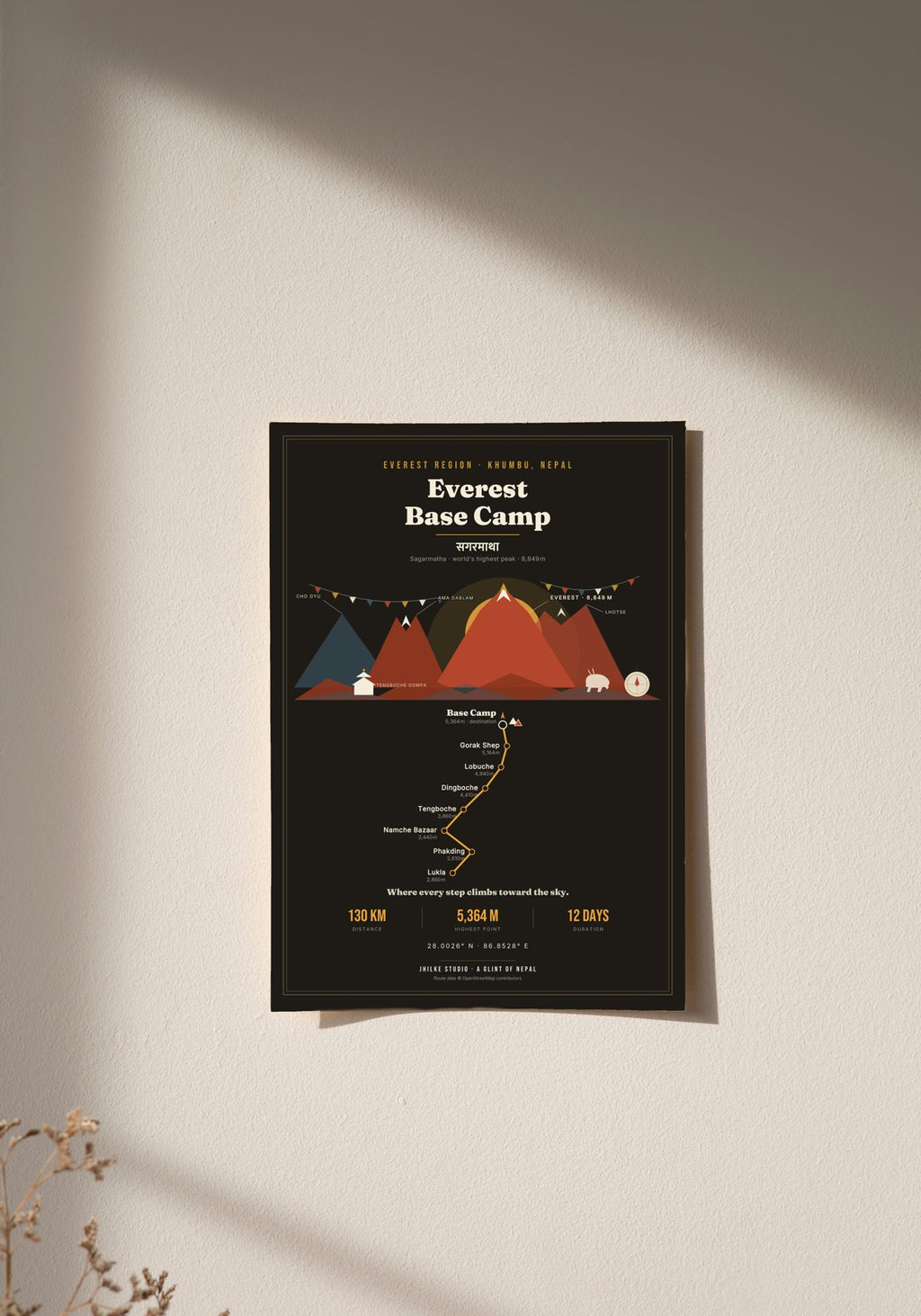 Everest Base Camp Trek Map Print (dark) — poster, unframed on wall