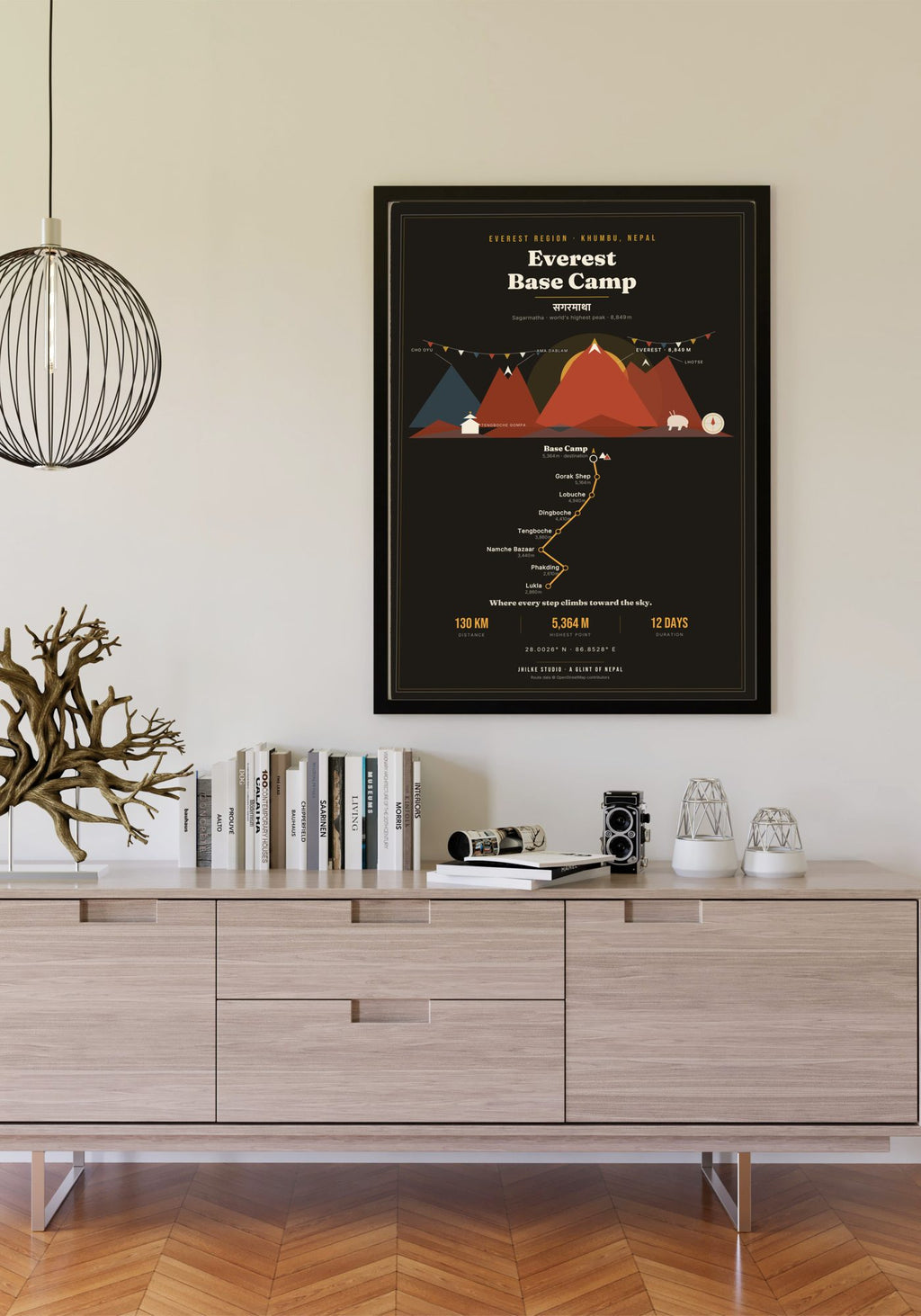 Everest Base Camp Trek Map Print (dark) — framed poster on wall