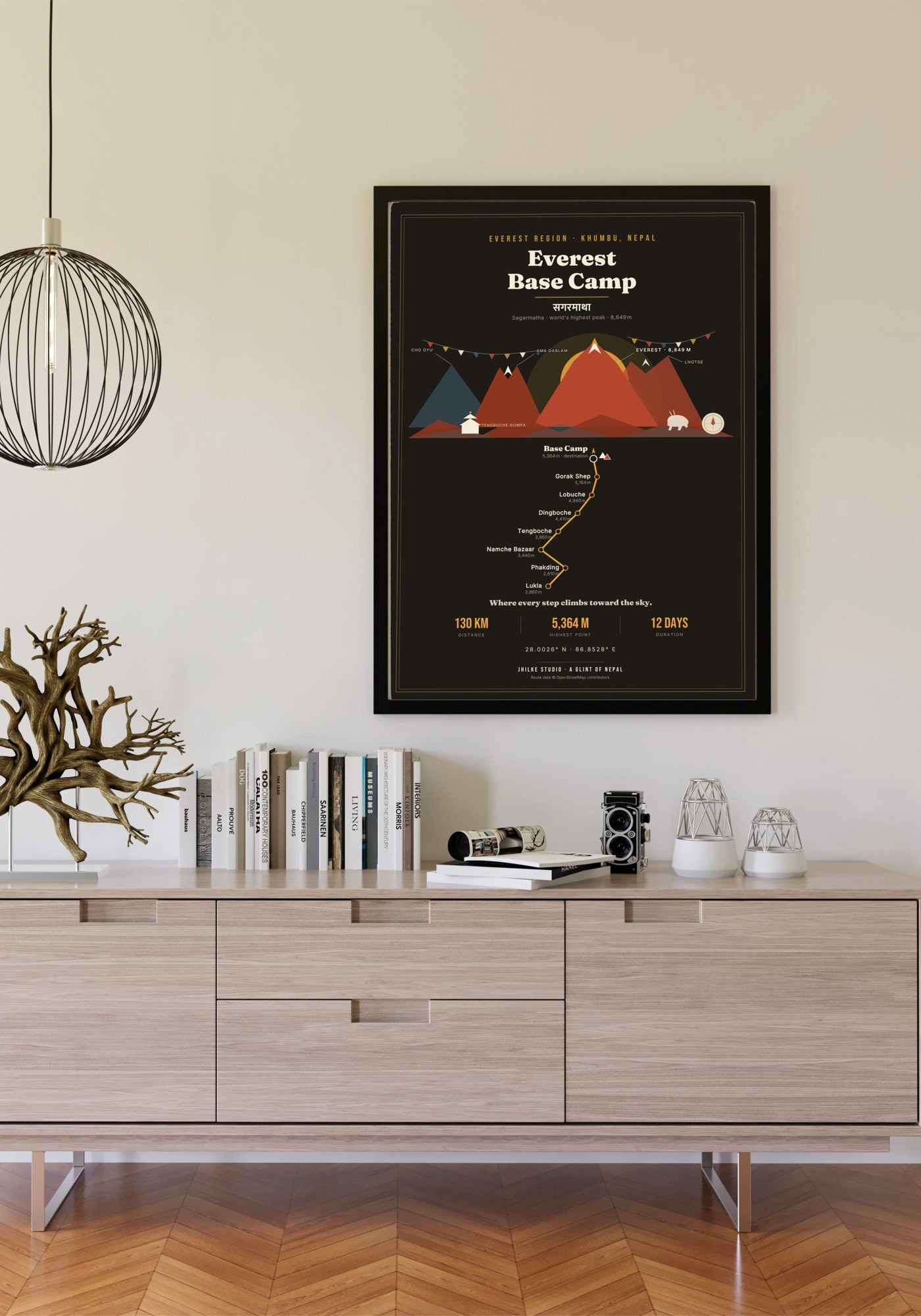 Everest Base Camp Trek Map Print (dark) — framed poster on wall