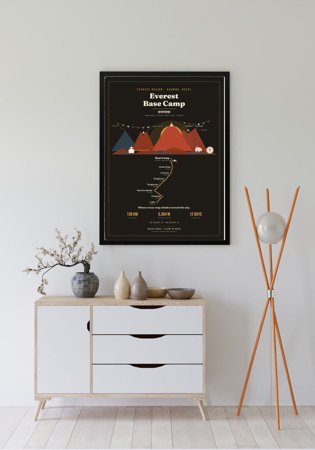 Everest Base Camp Trek Map Print (dark) — framed poster, third scene