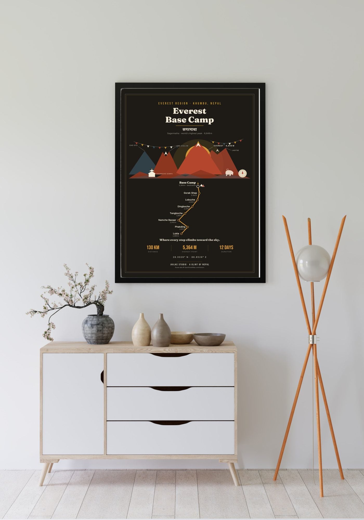 Everest Base Camp Trek Map Print (dark) — framed poster, third scene