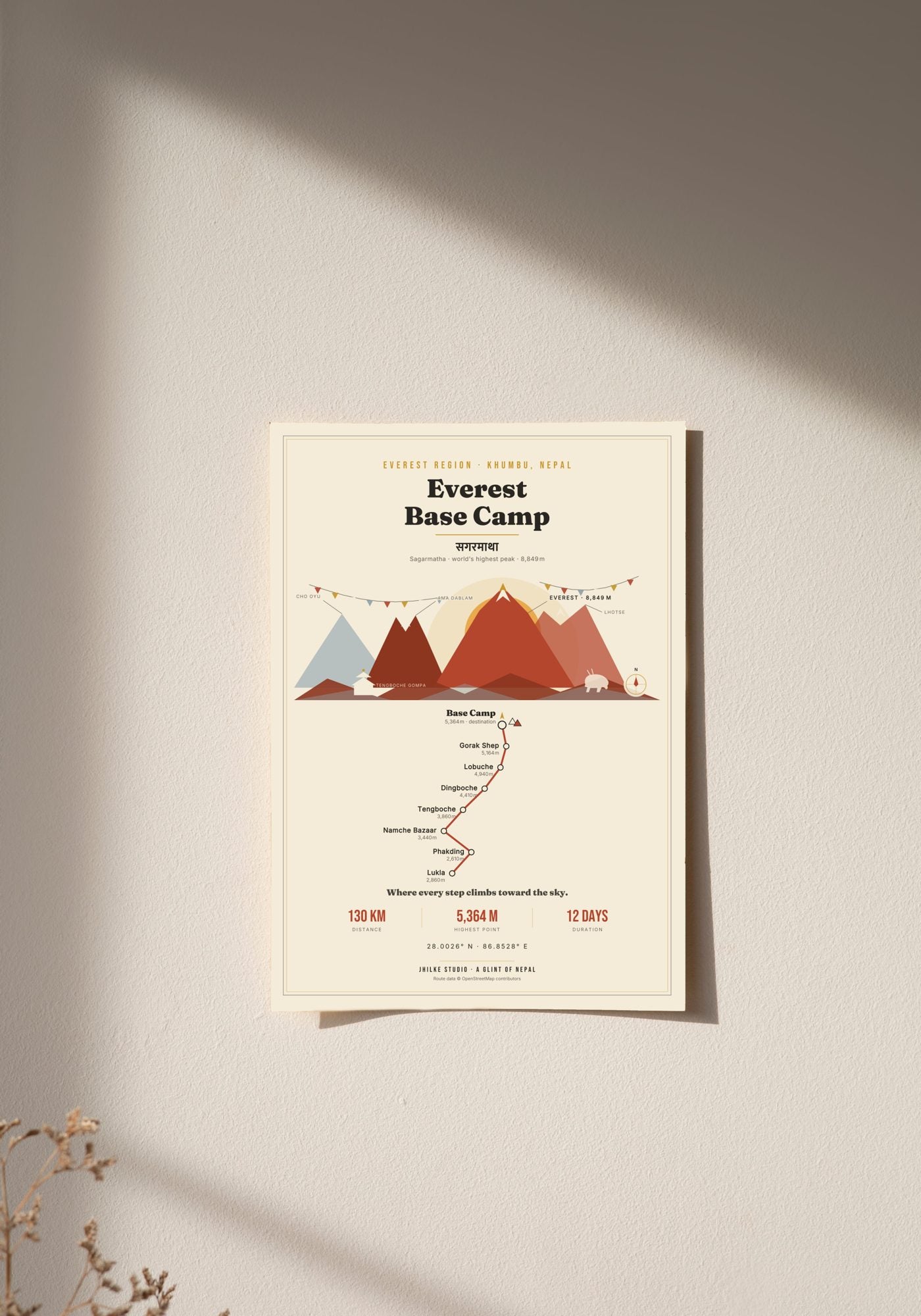 Everest Base Camp Trek Map Print (light) — poster, unframed on wall