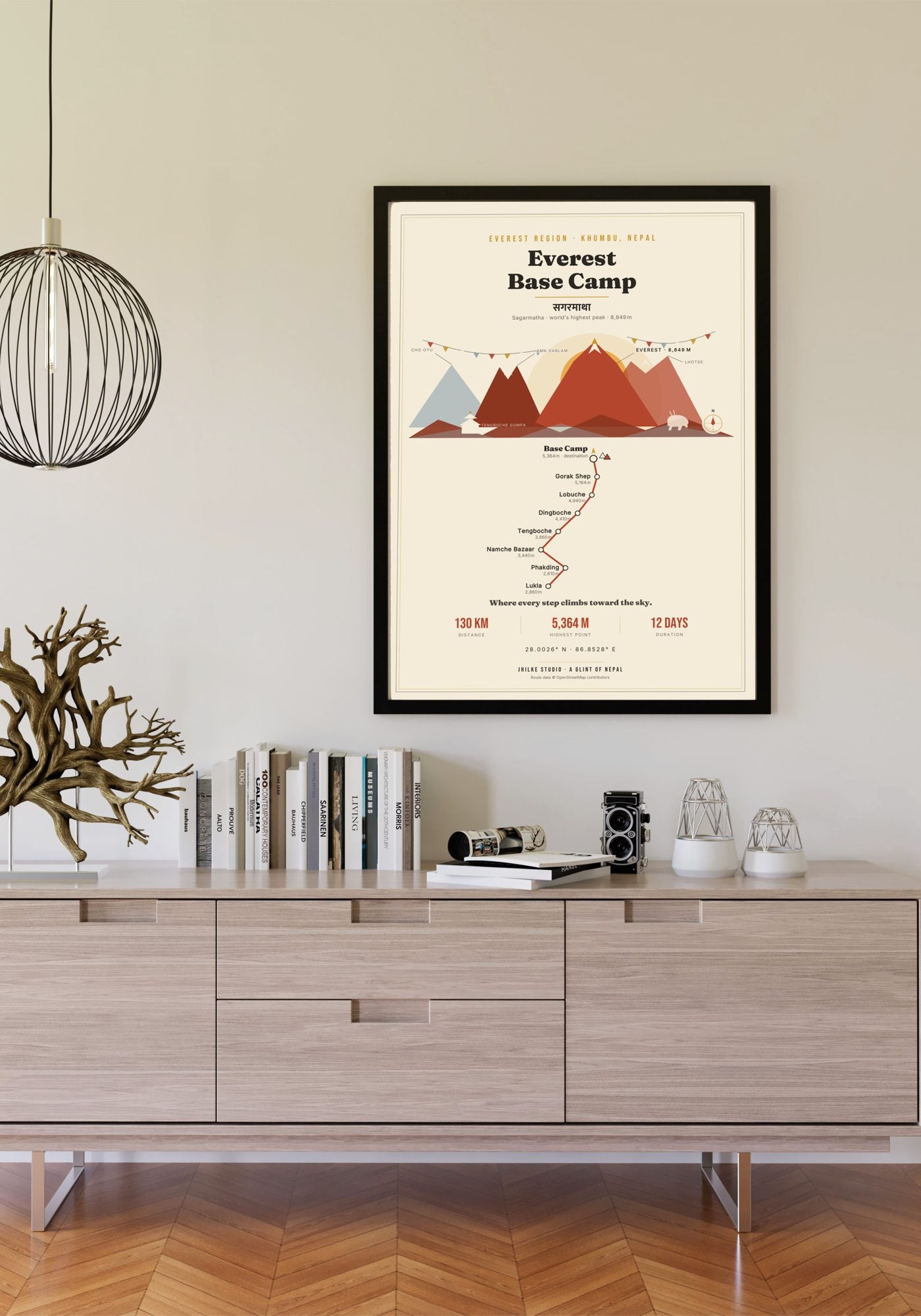 Everest Base Camp Trek Map Print (light) — framed poster on wall