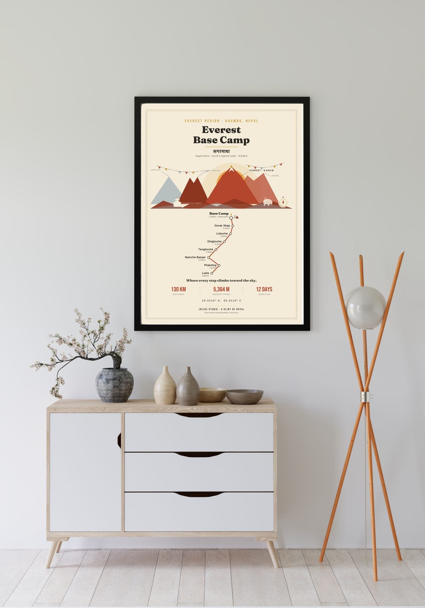Everest Base Camp Trek Map Print (light) — framed poster, third scene