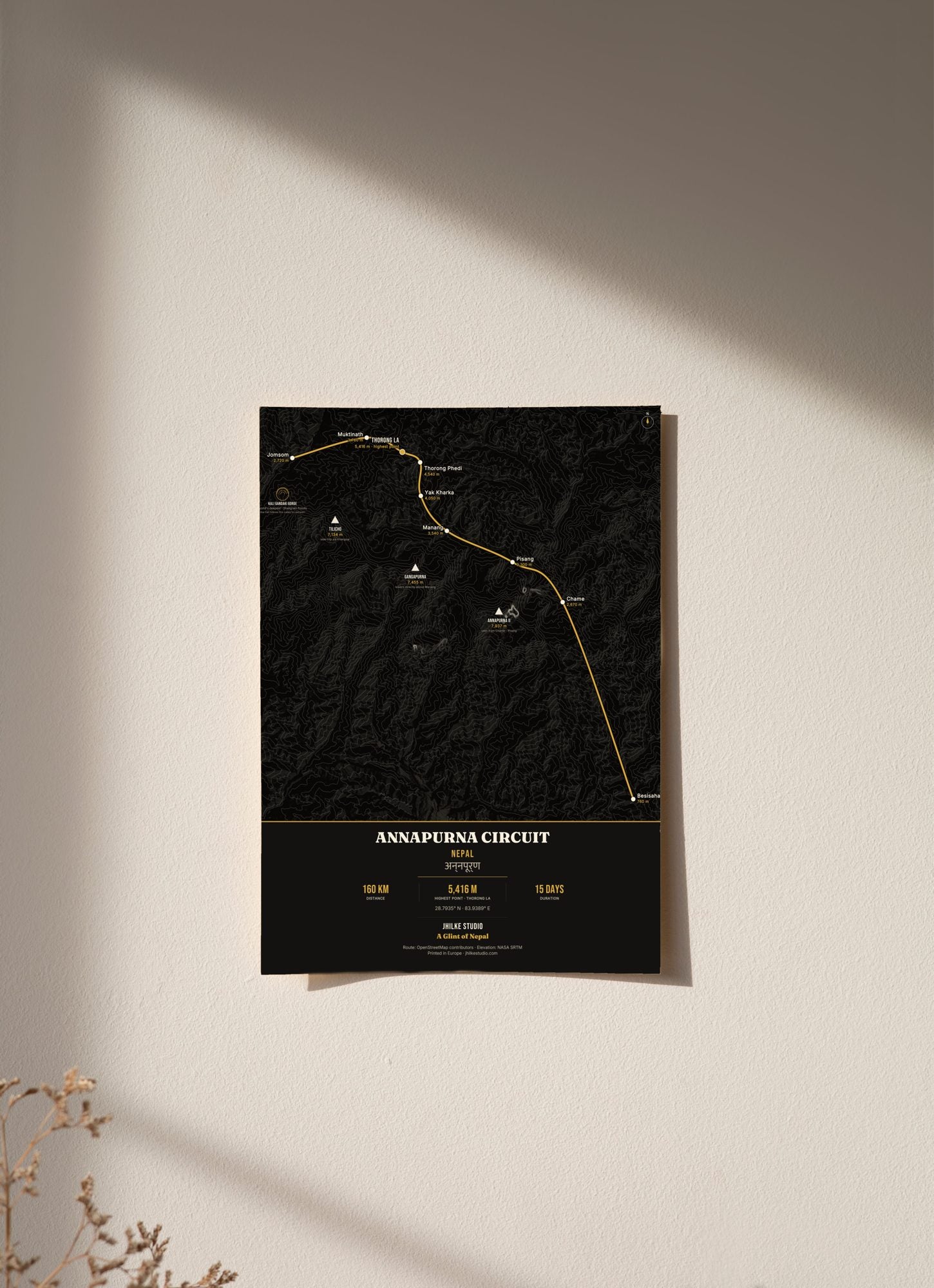 Annapurna Circuit Trek Map Print (dark) — poster, unframed on wall