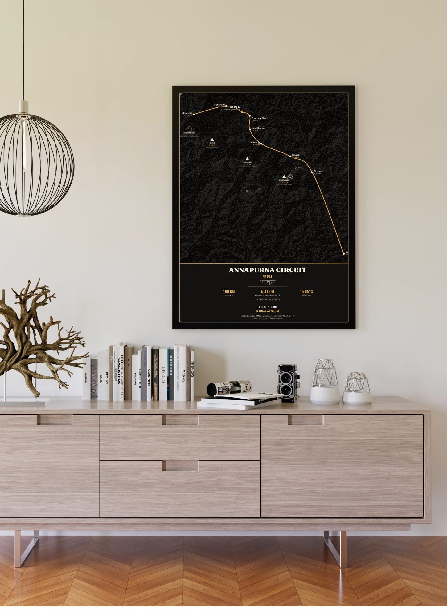 Annapurna Circuit Trek Map Print (dark) — framed poster on wall