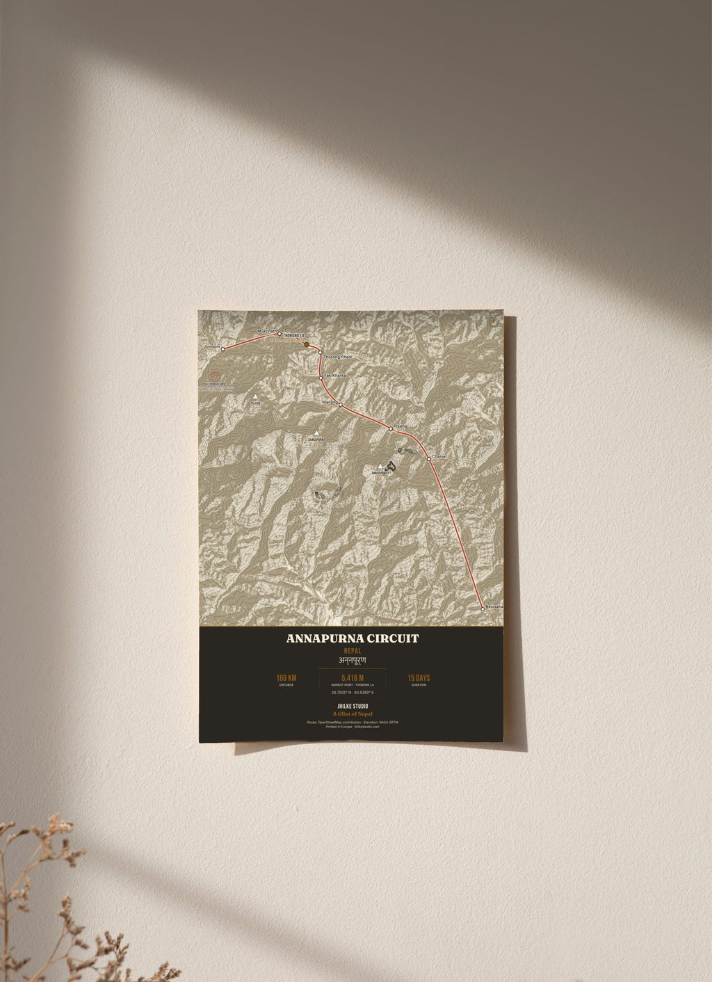 Annapurna Circuit Trek Map Print (light) — poster, unframed on wall