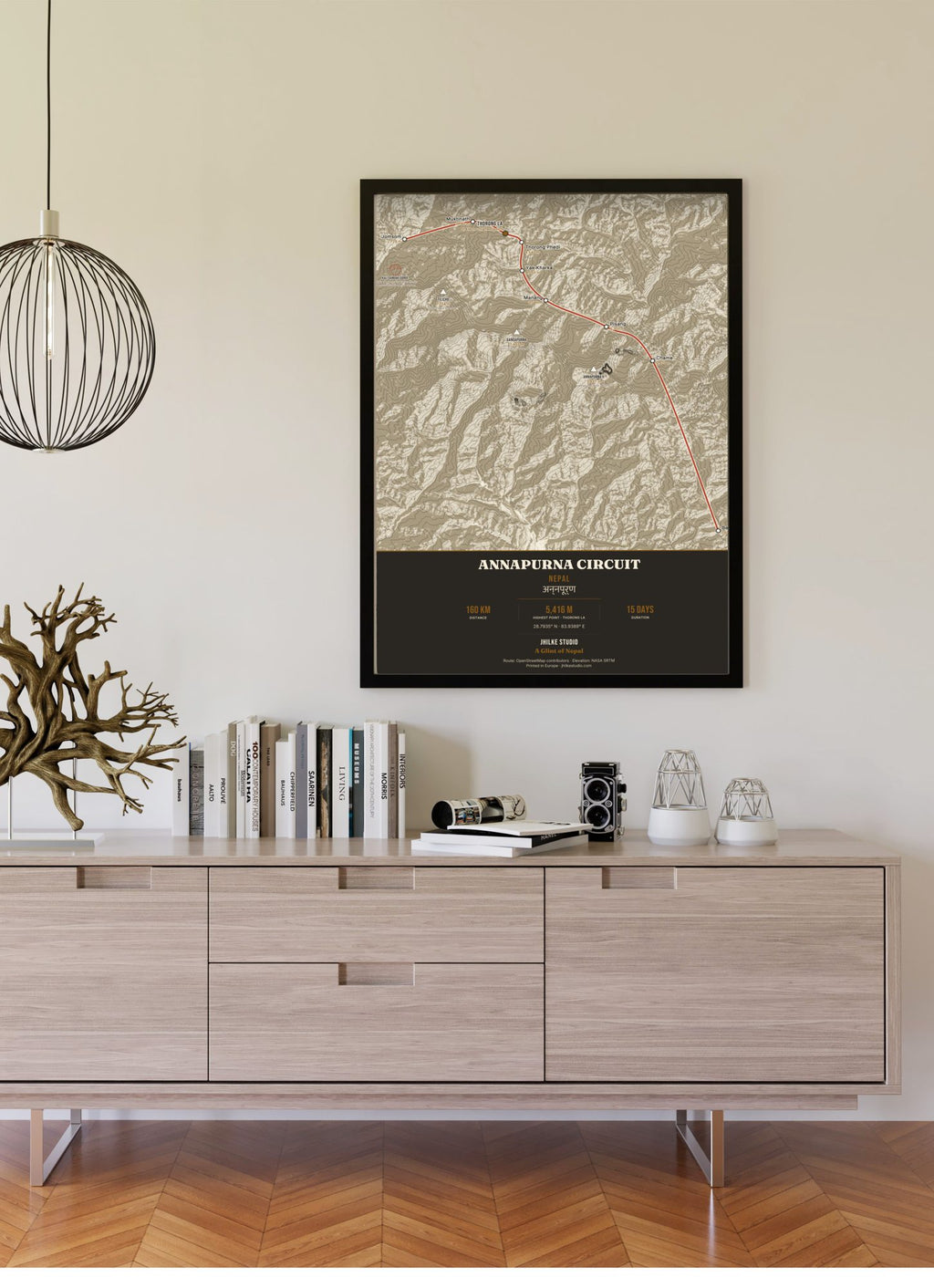 Annapurna Circuit Trek Map Print (light) — framed poster on wall