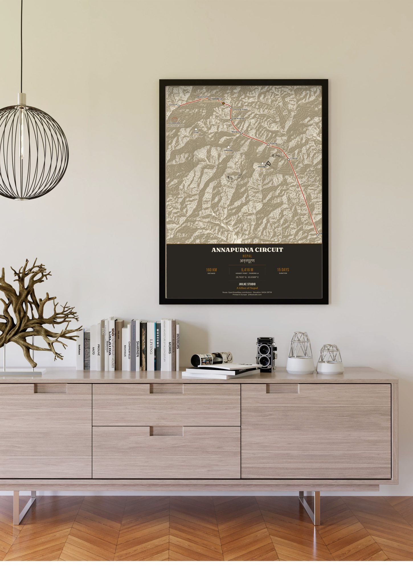 Annapurna Circuit Trek Map Print (light) — framed poster on wall