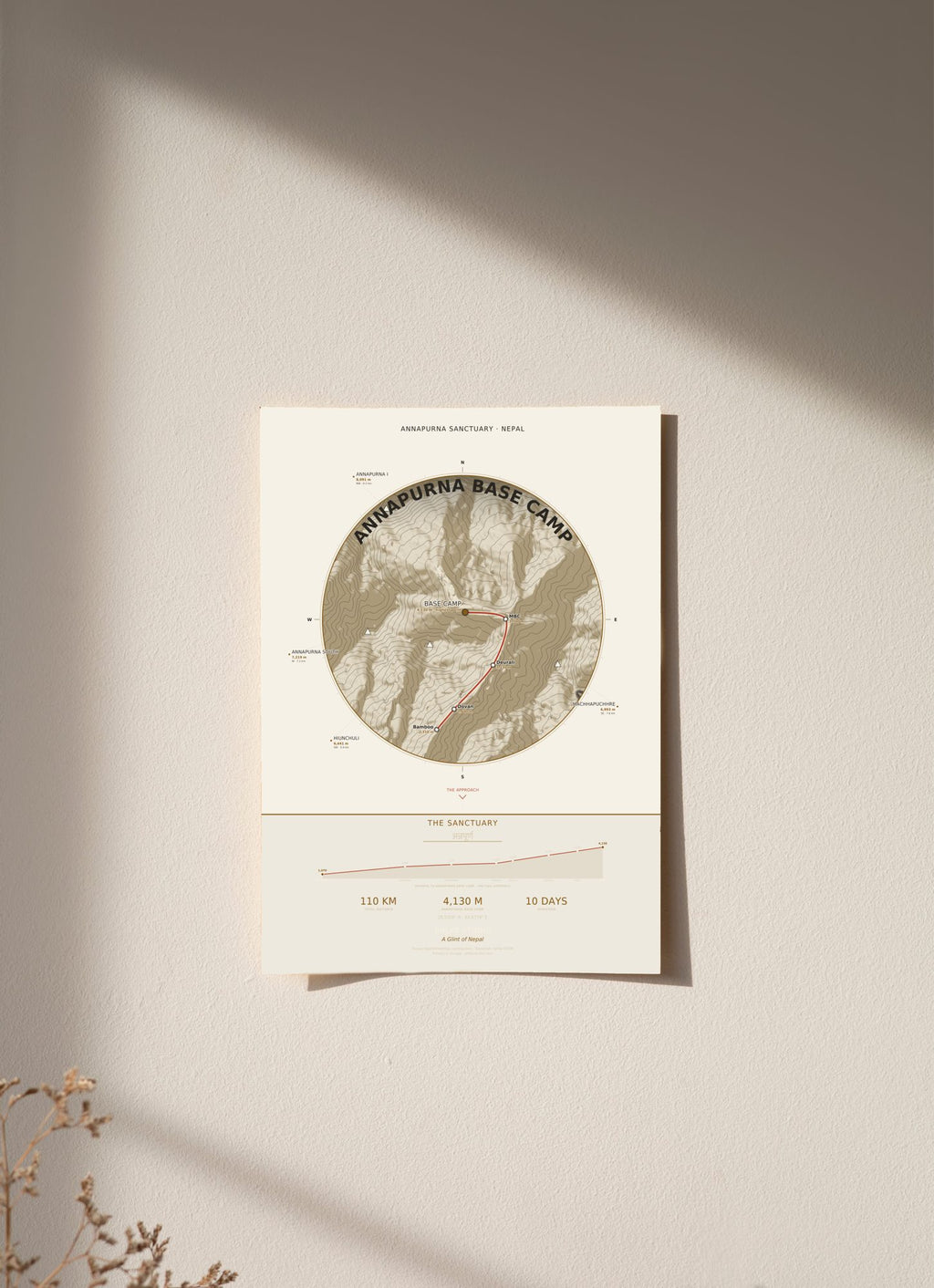 Annapurna Base Camp Trek Map Print (light) — poster, unframed on wall