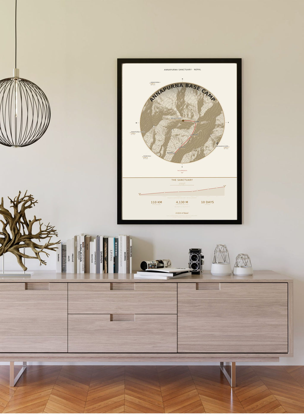 Annapurna Base Camp Trek Map Print (light) — framed poster on wall