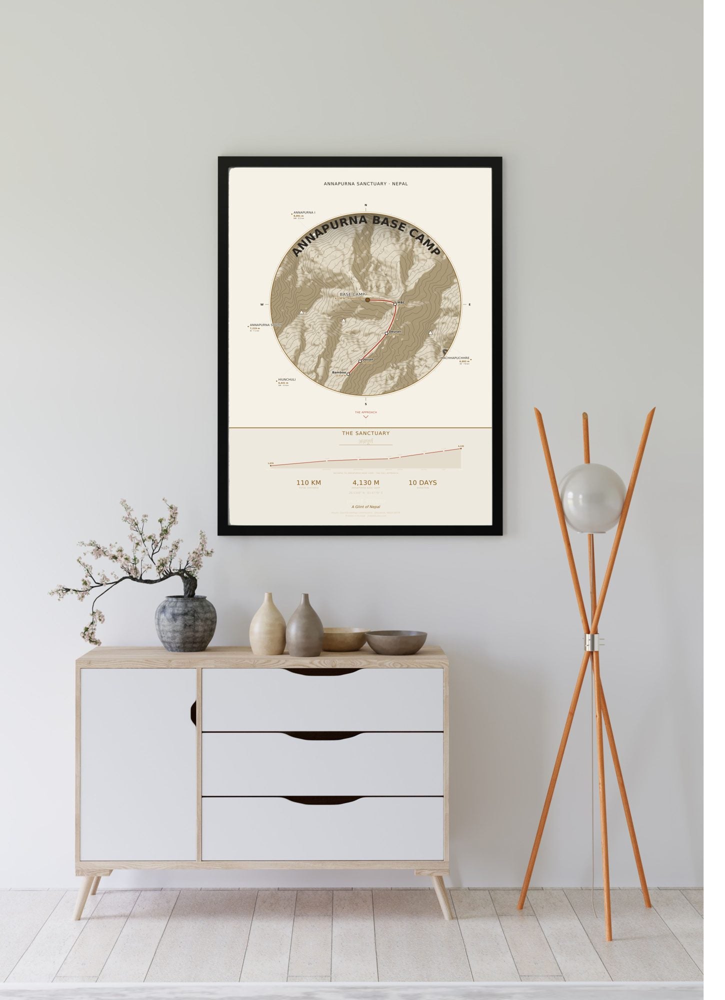 Annapurna Base Camp Trek Map Print (light) — framed poster, third scene