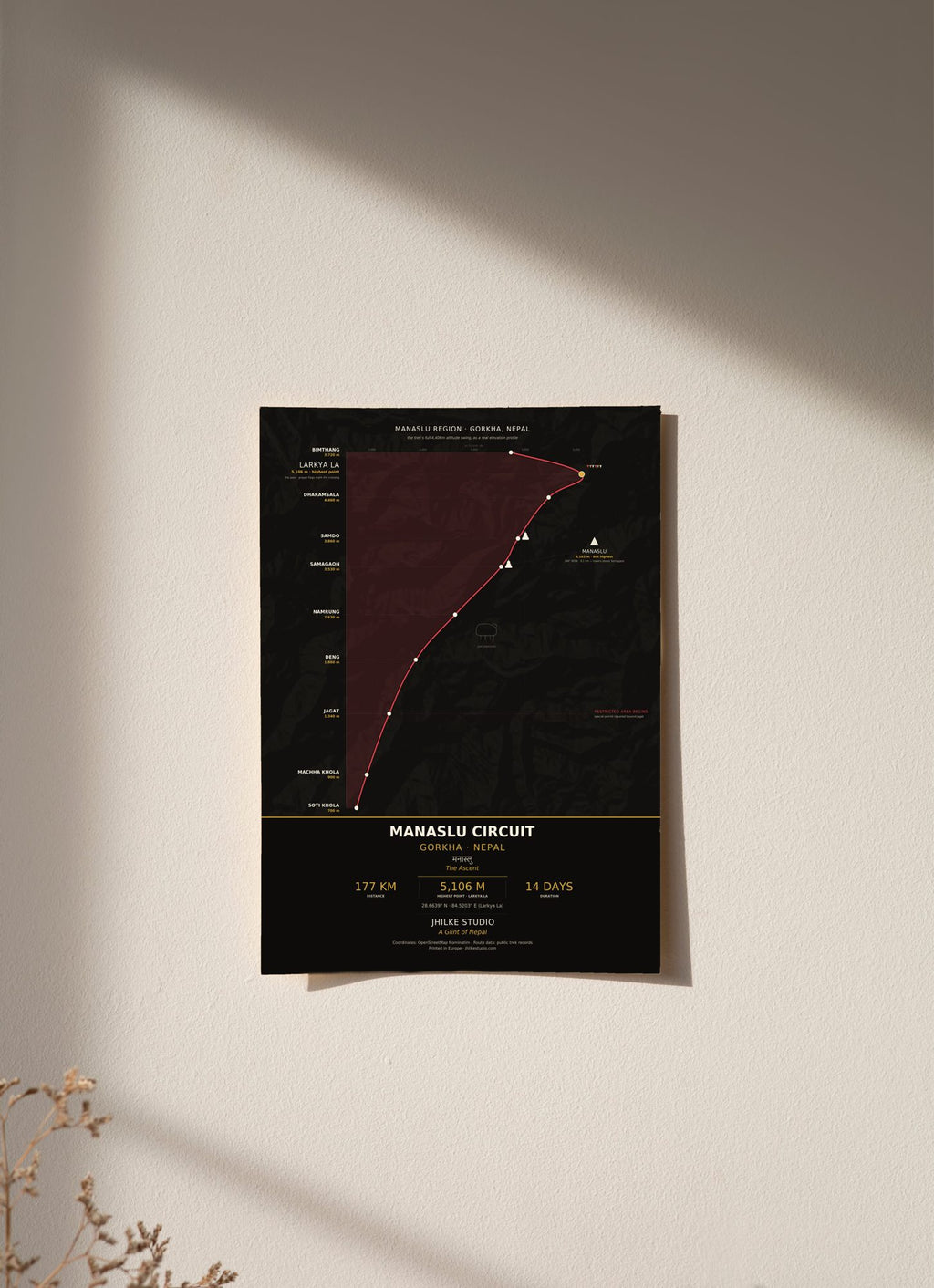 Manaslu Circuit Trek Map Print (dark) — poster, unframed on wall