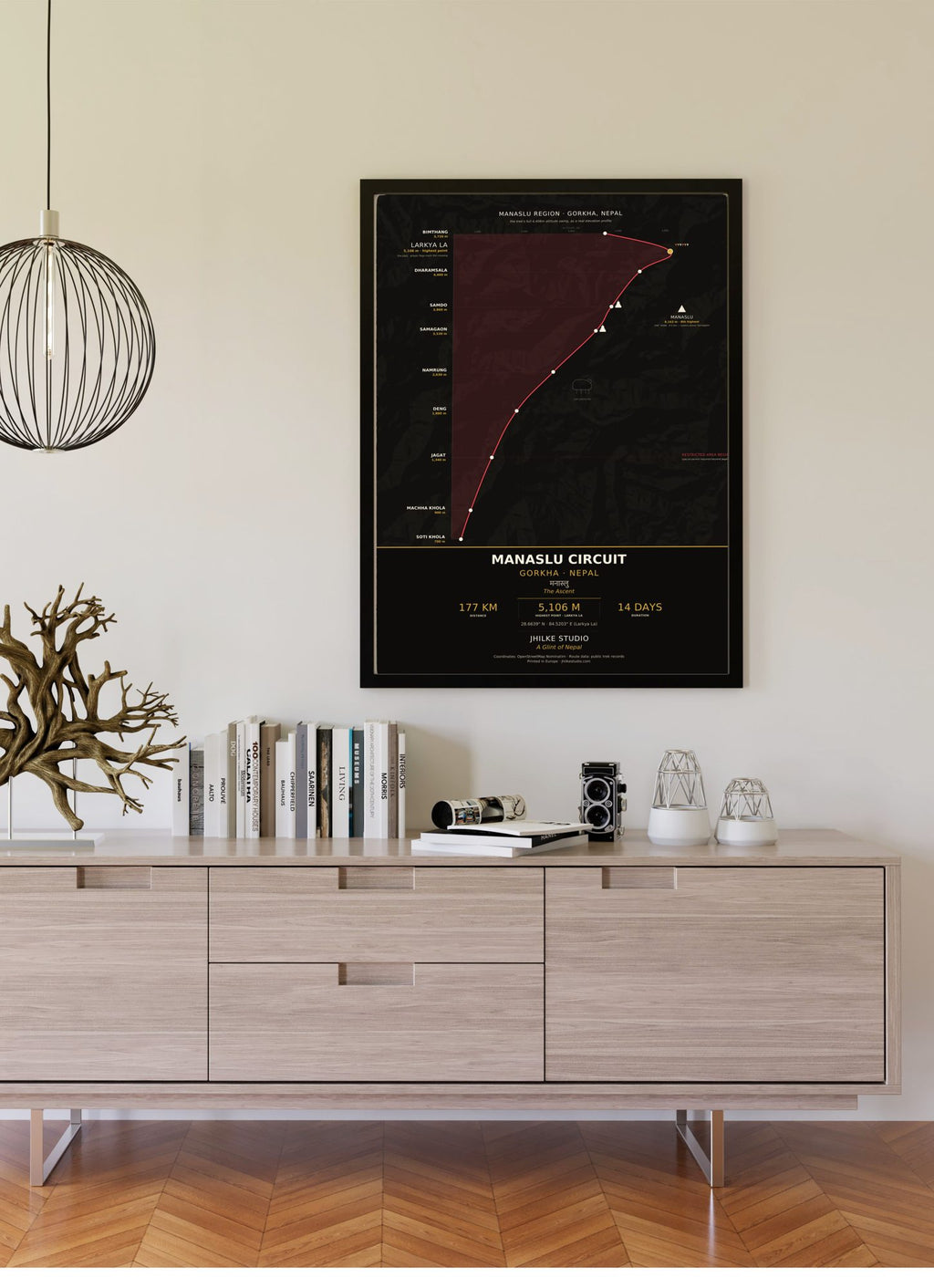 Manaslu Circuit Trek Map Print (dark) — framed poster on wall