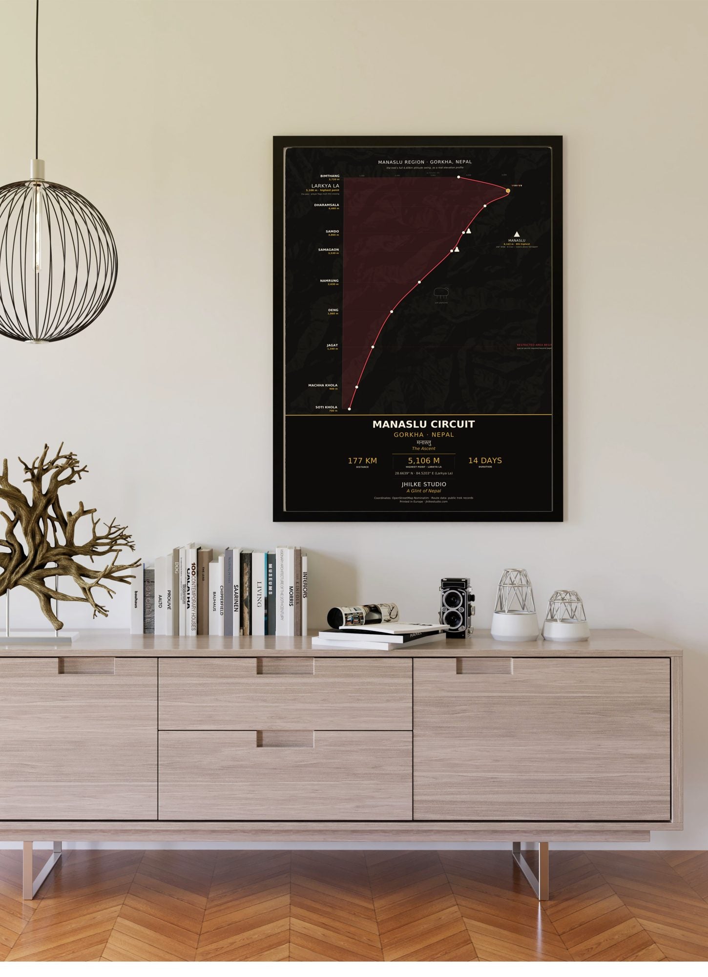 Manaslu Circuit Trek Map Print (dark) — framed poster on wall