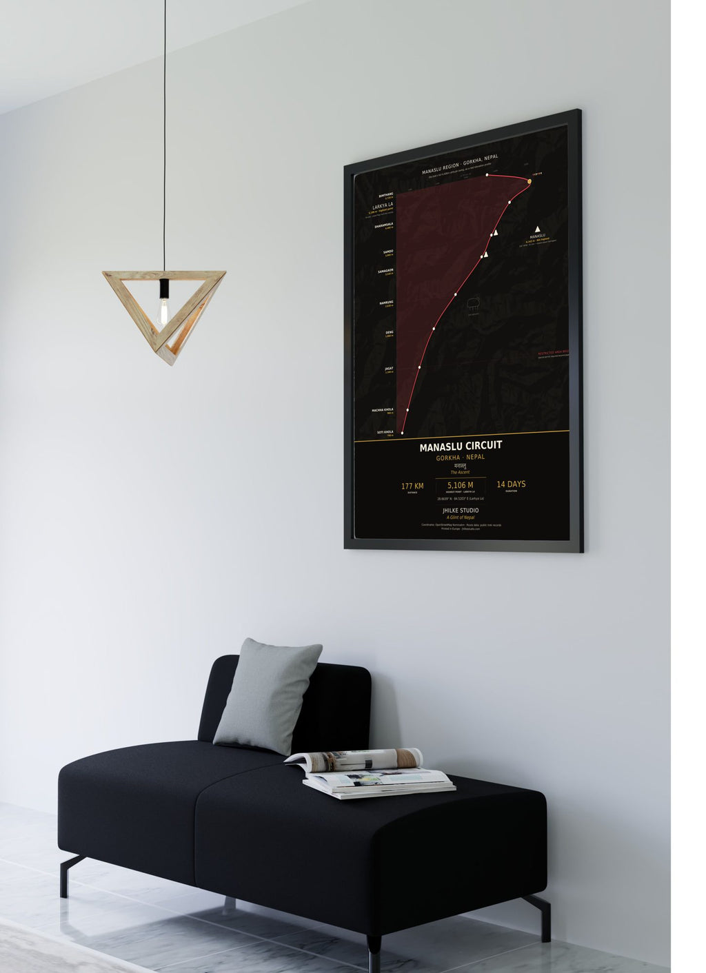 Manaslu Circuit Trek Map Print (dark) — framed poster, second scene