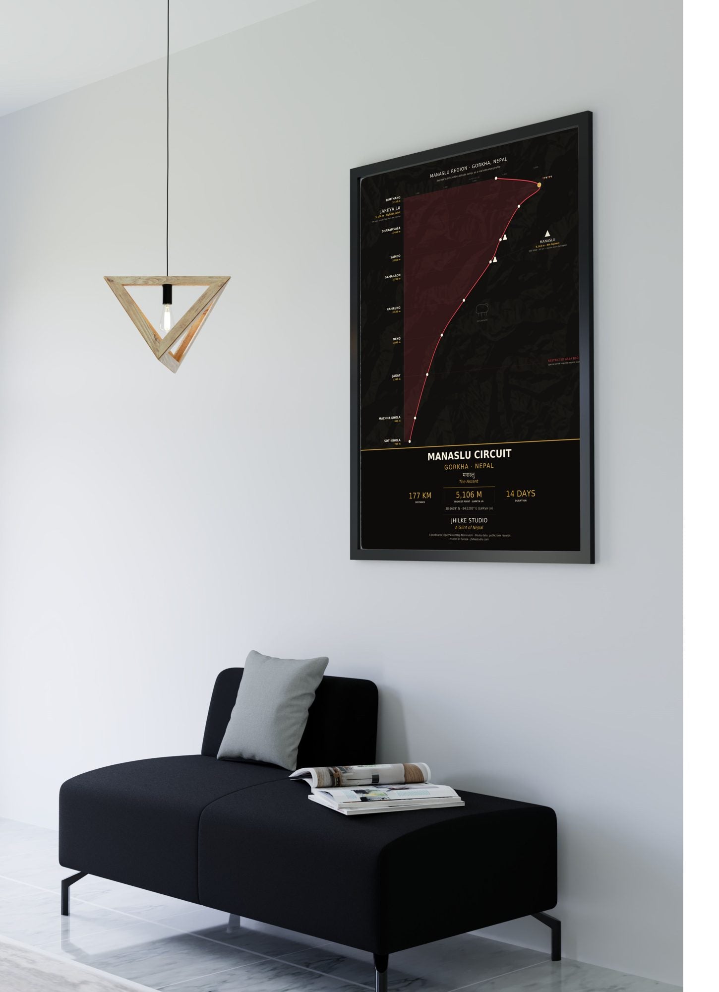 Manaslu Circuit Trek Map Print (dark) — framed poster, second scene