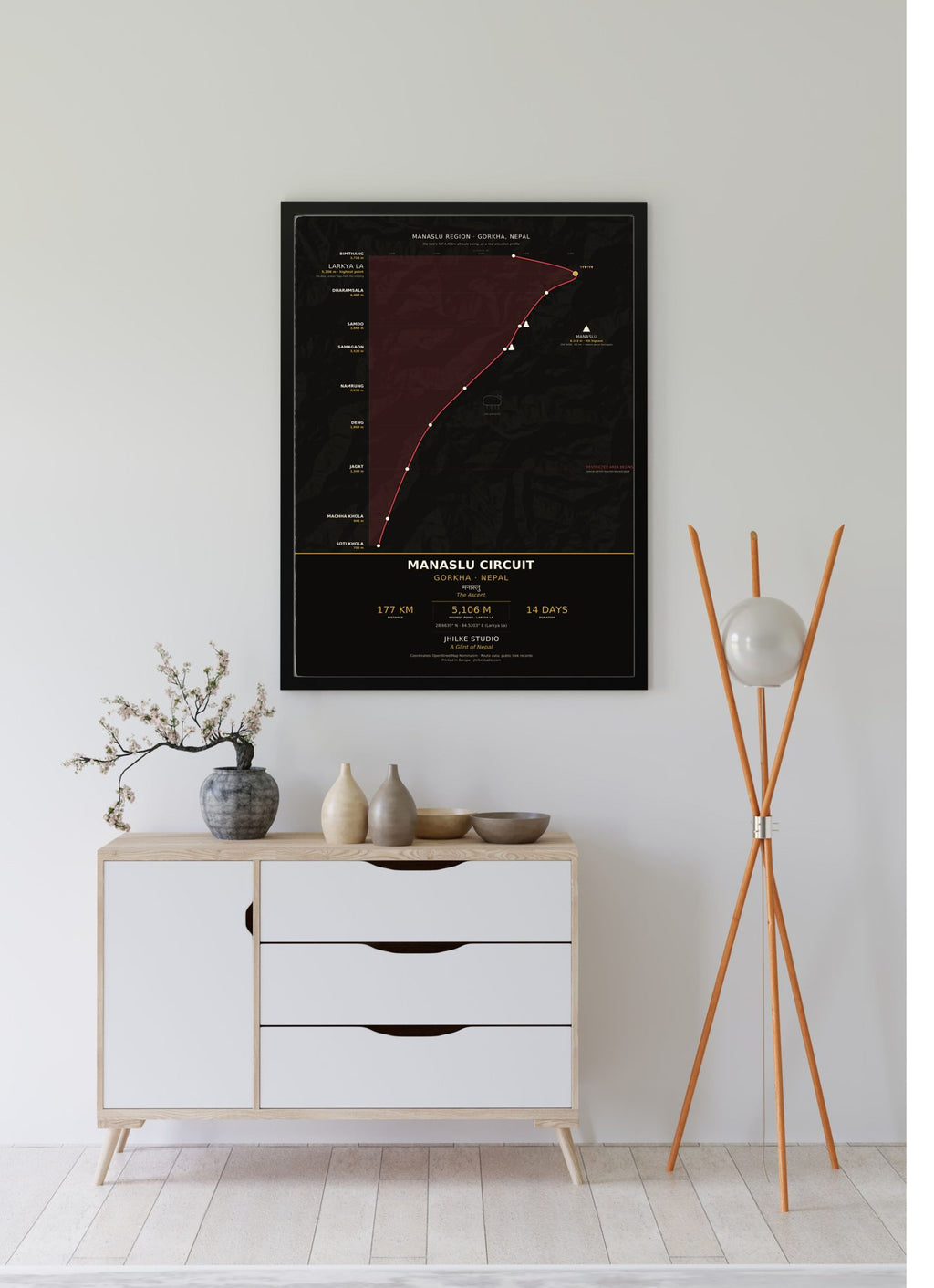 Manaslu Circuit Trek Map Print (dark) — framed poster, third scene