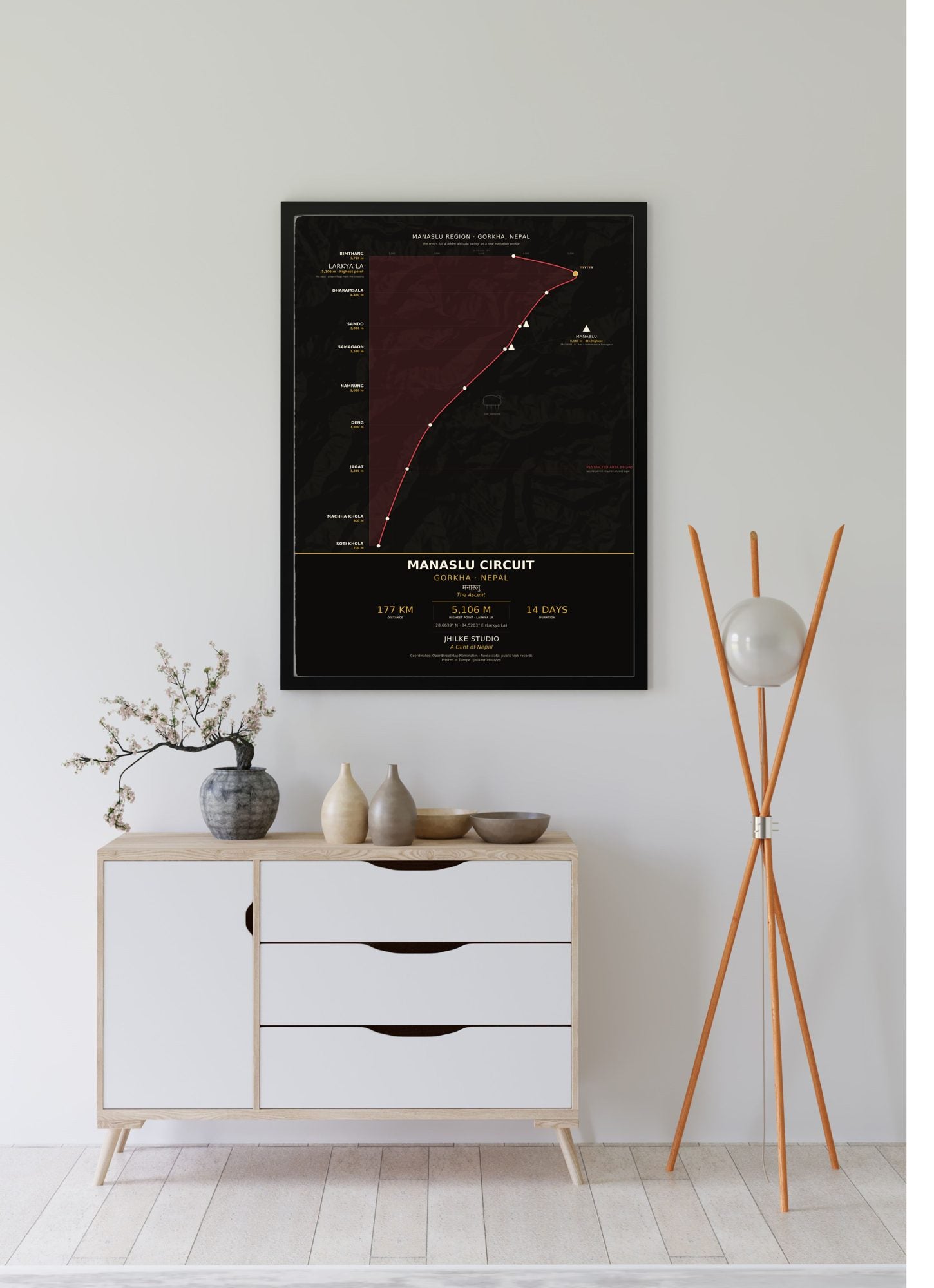 Manaslu Circuit Trek Map Print (dark) — framed poster, third scene