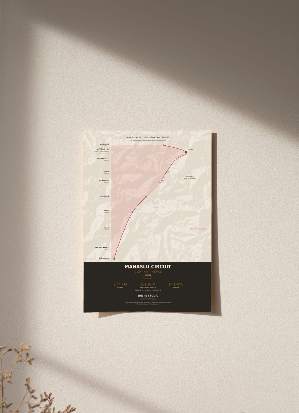 Manaslu Circuit Trek Map Print (light) — poster, unframed on wall