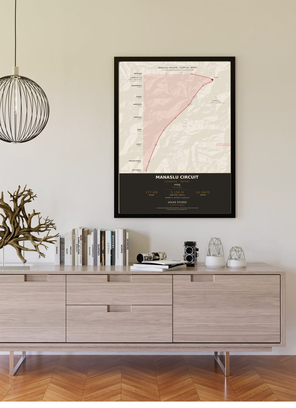 Manaslu Circuit Trek Map Print (light) — framed poster on wall