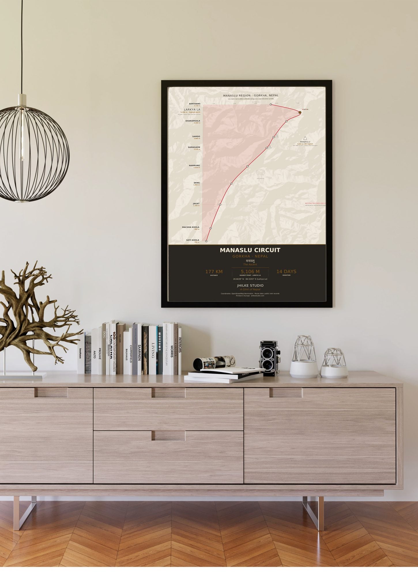 Manaslu Circuit Trek Map Print (light) — framed poster on wall