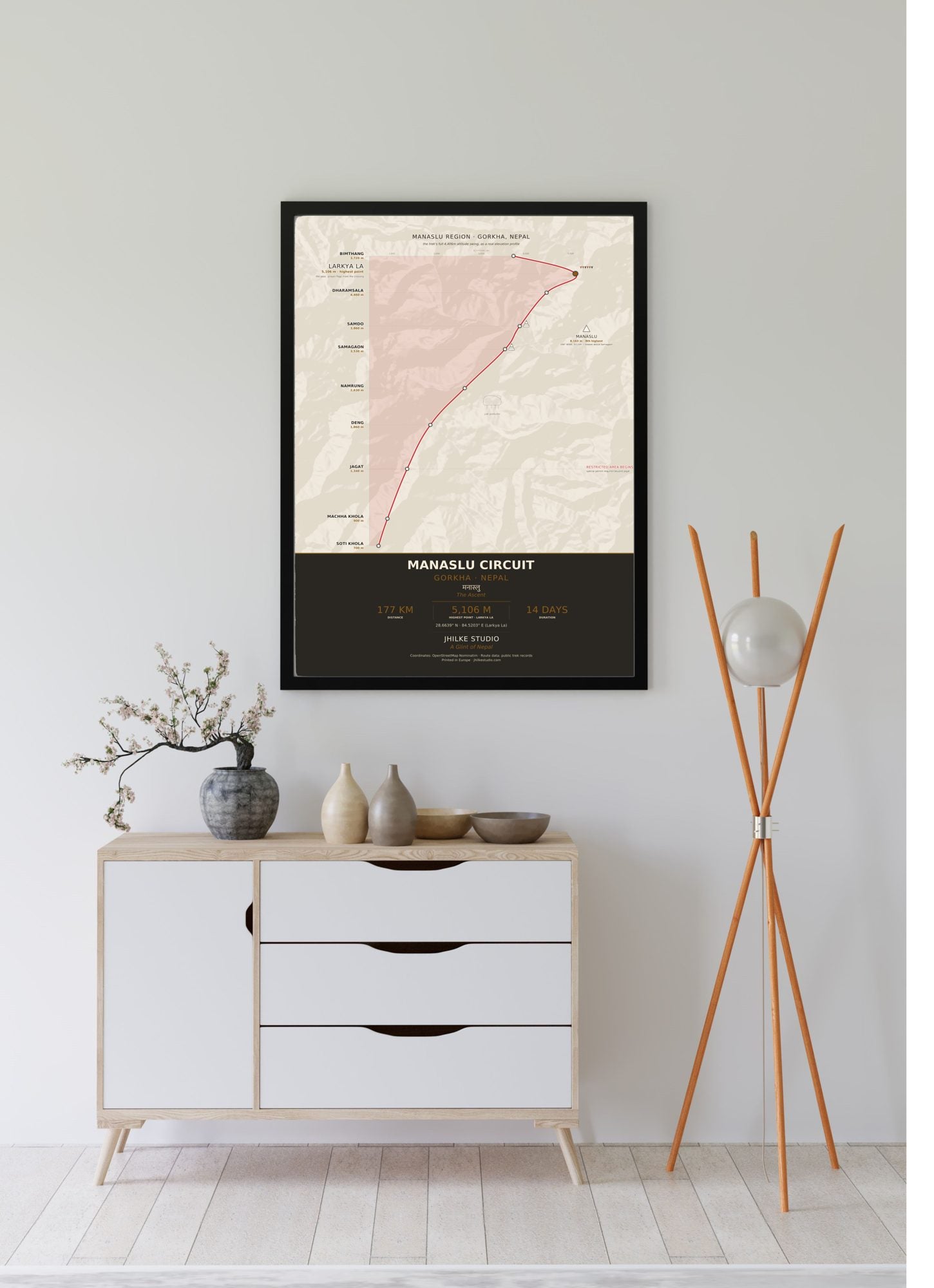 Manaslu Circuit Trek Map Print (light) — framed poster, third scene