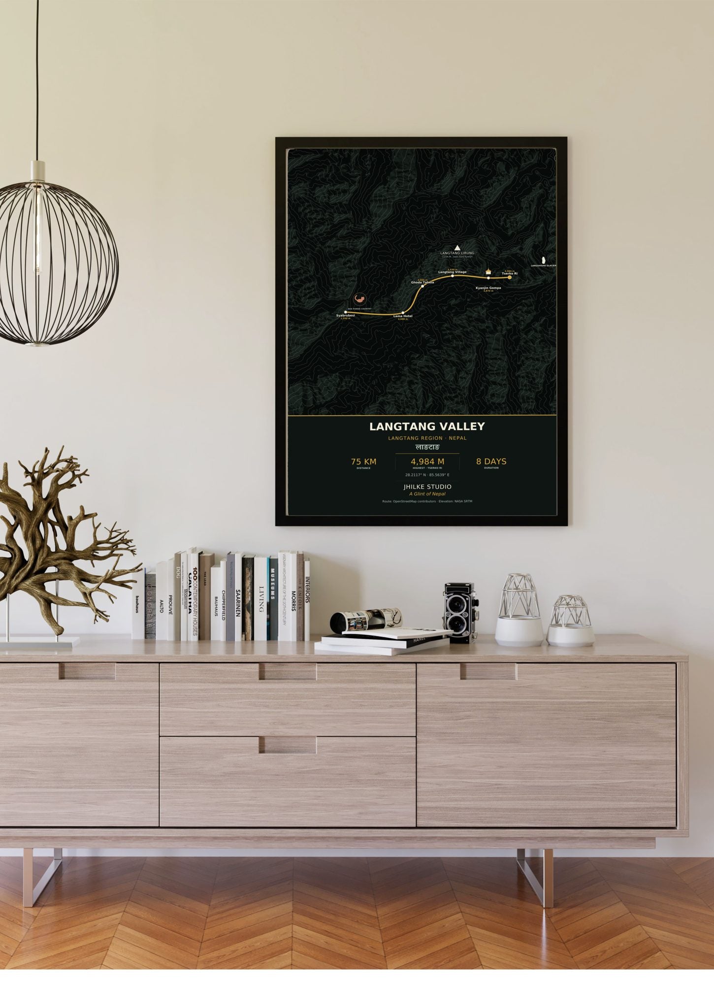 Langtang Valley Trek Map Print (dark) — framed poster on wall
