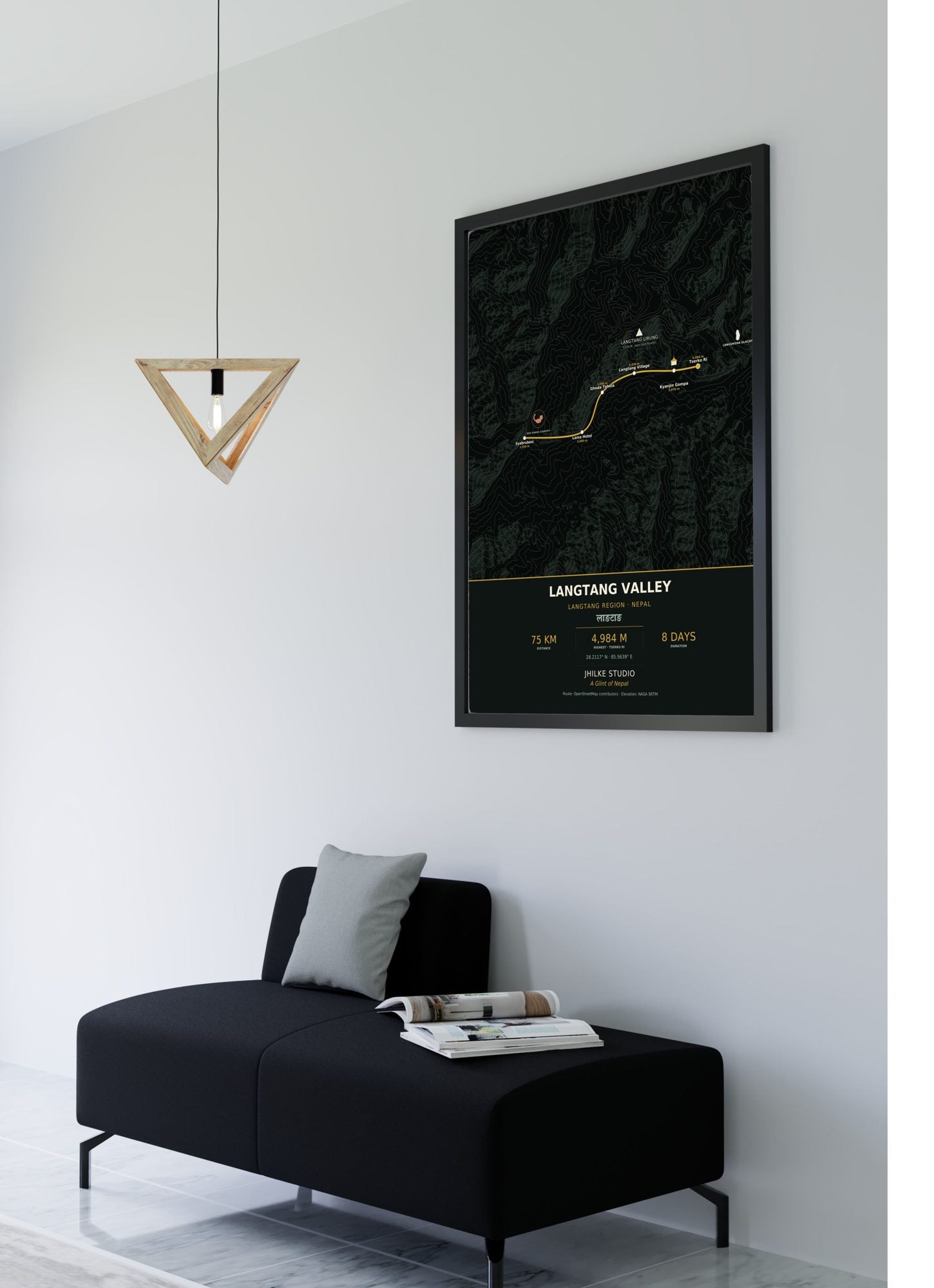 Langtang Valley Trek Map Print (dark) — framed poster, second scene
