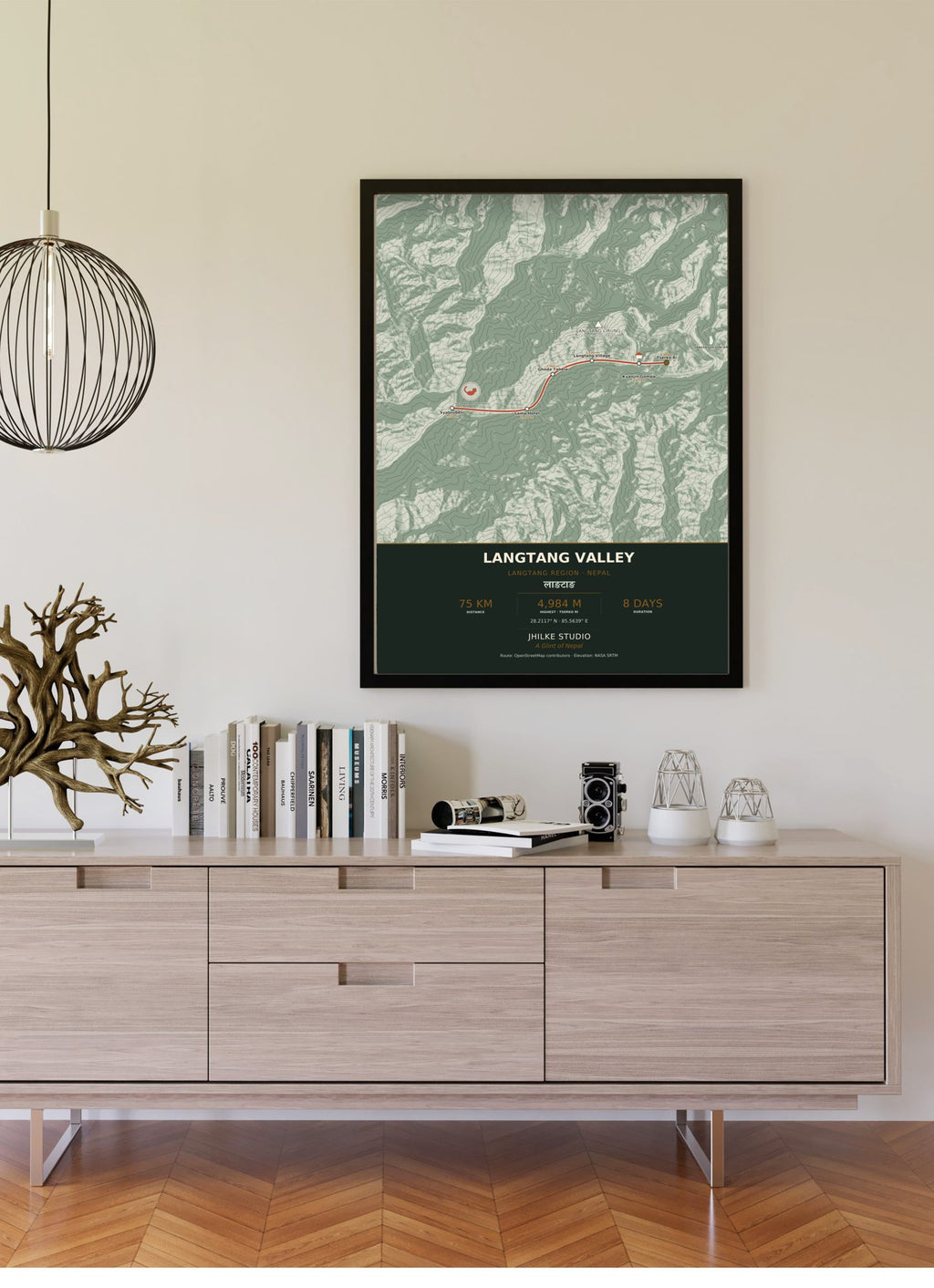 Langtang Valley Trek Map Print (light) — framed poster on wall