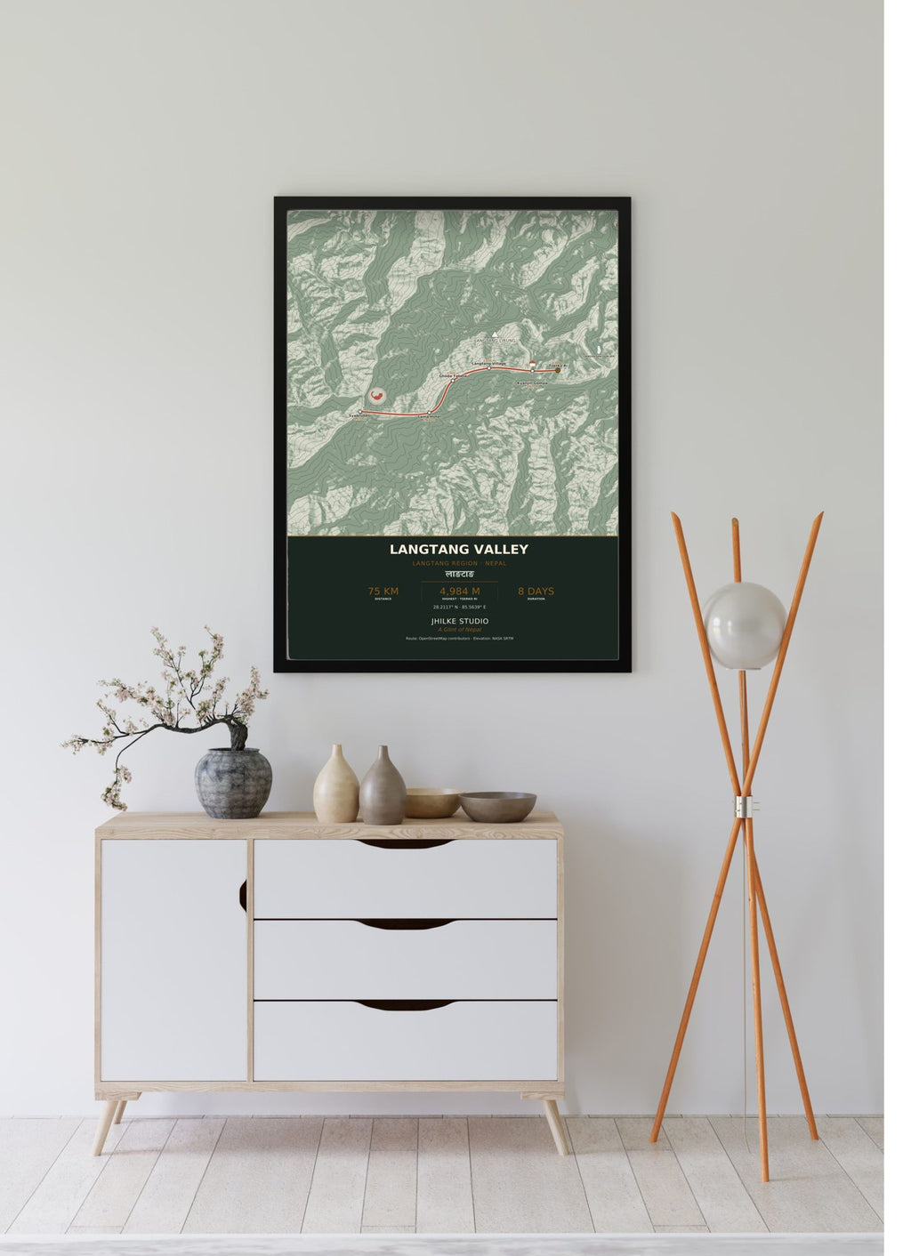 Langtang Valley Trek Map Print (light) — framed poster, third scene