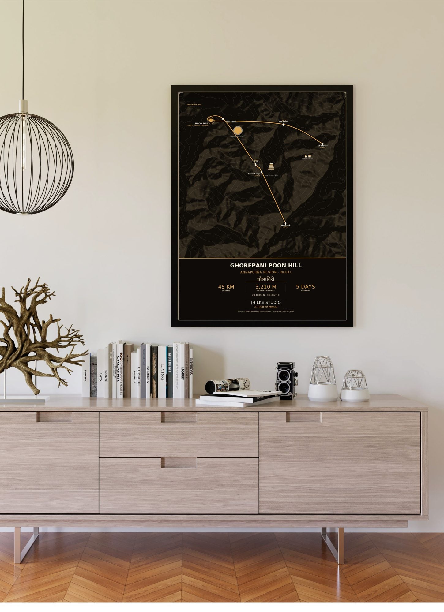 Ghorepani Poon Hill Trek Map Print (dark) — framed poster on wall
