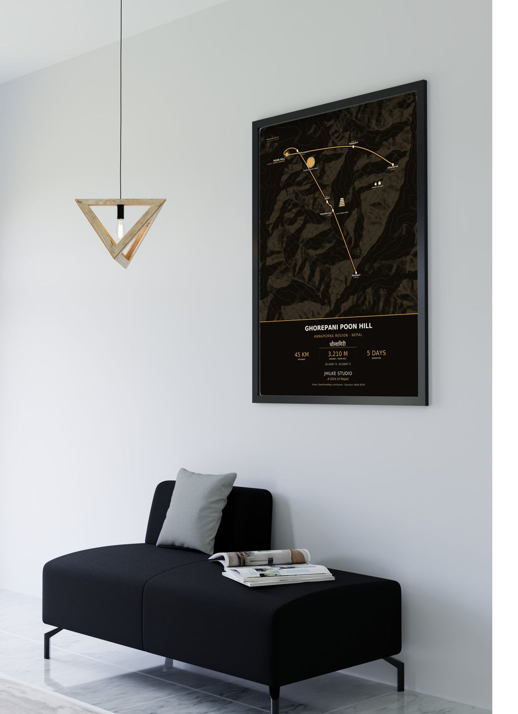 Ghorepani Poon Hill Trek Map Print (dark) — framed poster, second scene