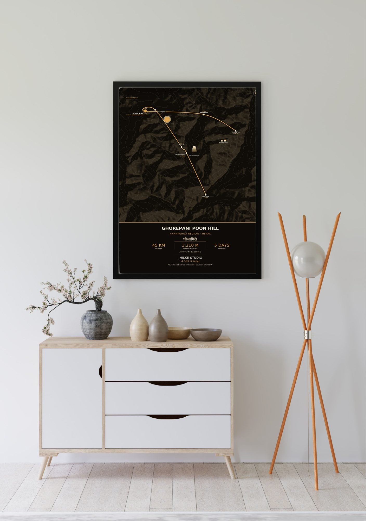 Ghorepani Poon Hill Trek Map Print (dark) — framed poster, third scene