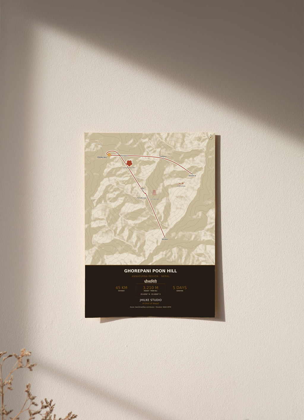 Ghorepani Poon Hill Trek Map Print (light) — poster, unframed on wall