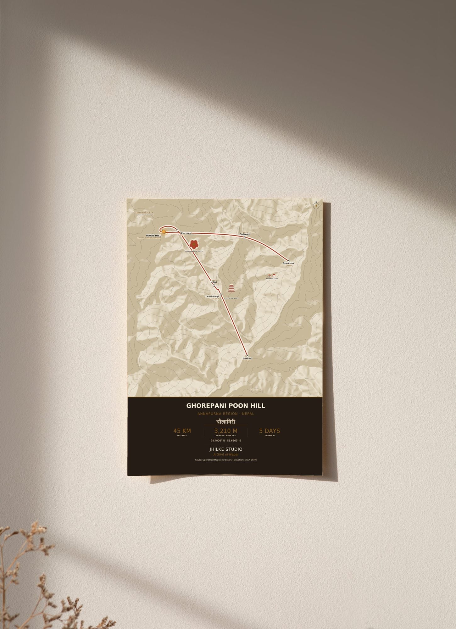 Ghorepani Poon Hill Trek Map Print (light) — poster, unframed on wall