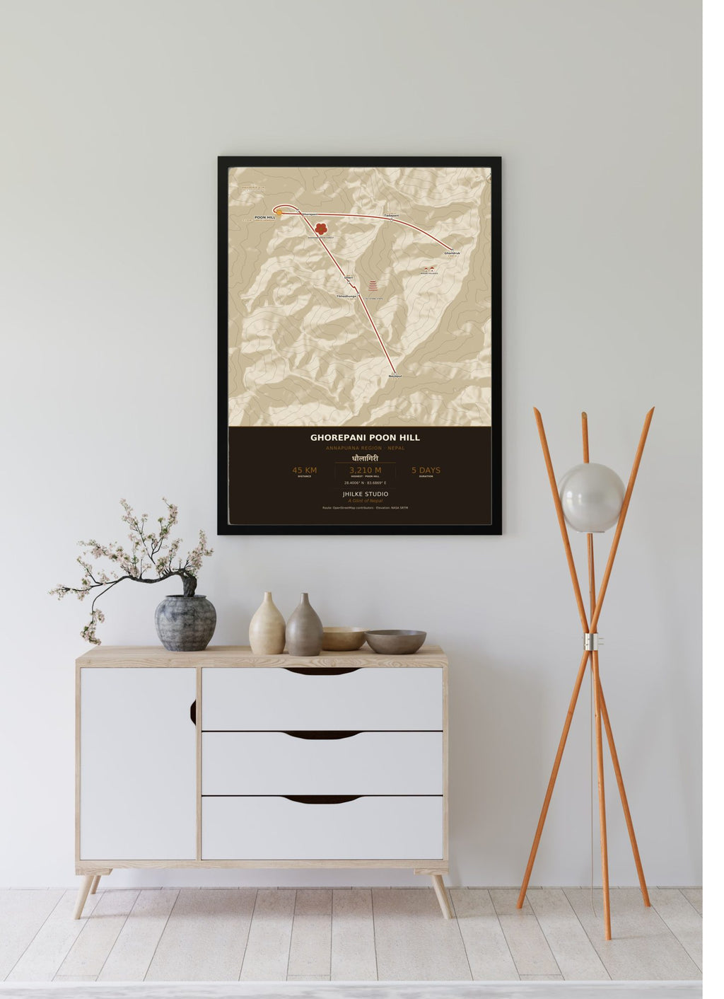 Ghorepani Poon Hill Trek Map Print (light) — framed poster, third scene
