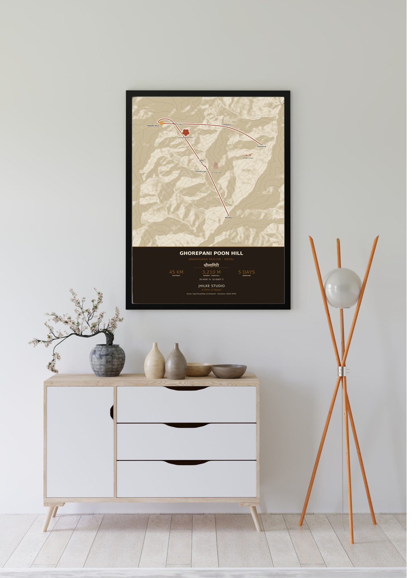 Ghorepani Poon Hill Trek Map Print (light) — framed poster, third scene