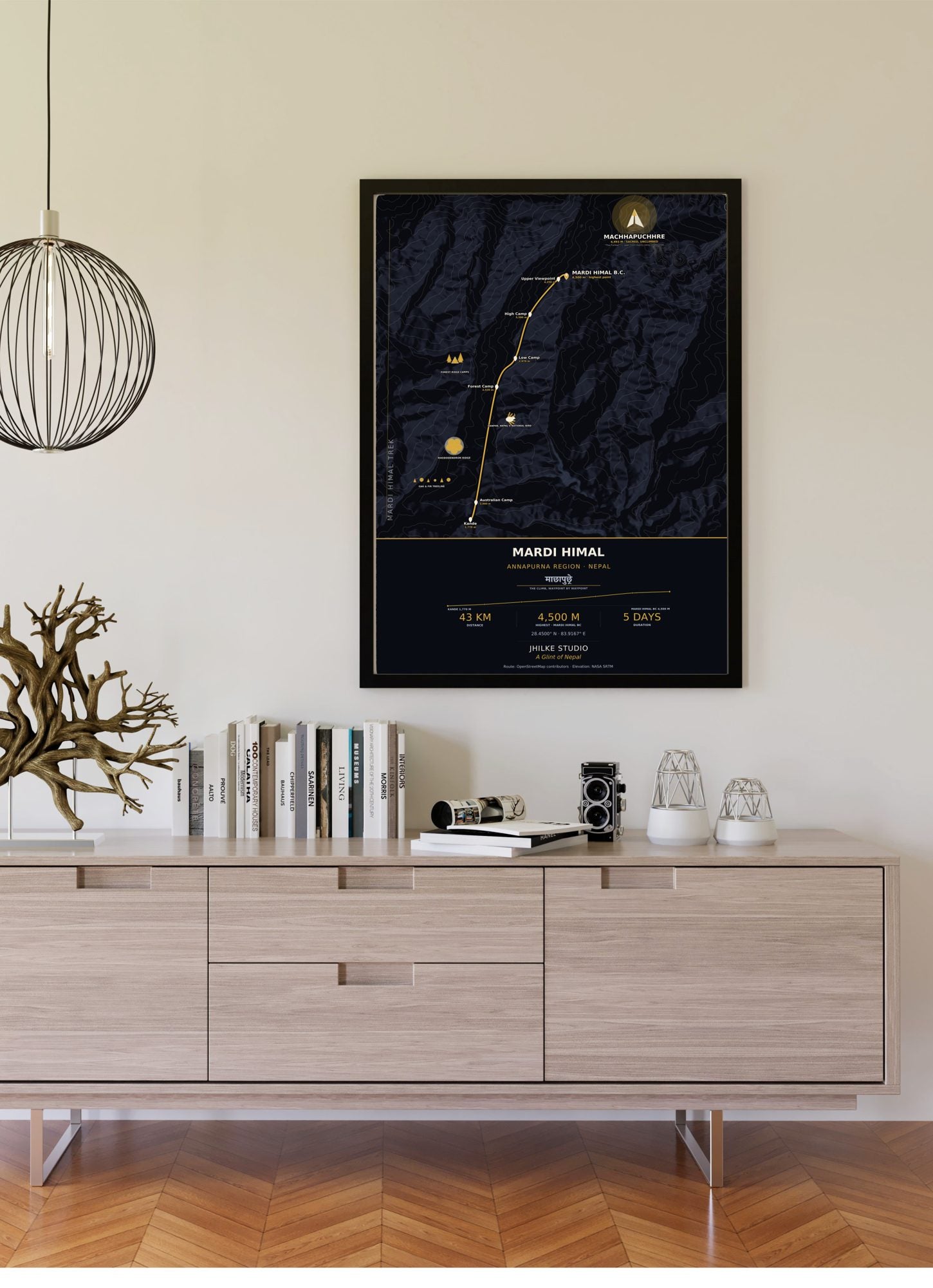 Mardi Himal Trek Map Print (dark) — framed poster on wall